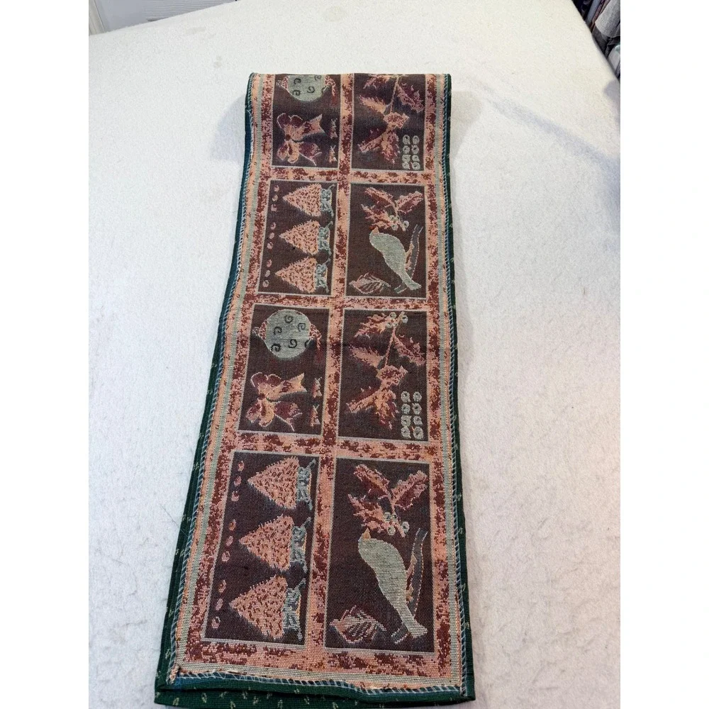 Christmas Woven Tapestry Table Runner Cardinal Holly Tree Green Red 12x 70
